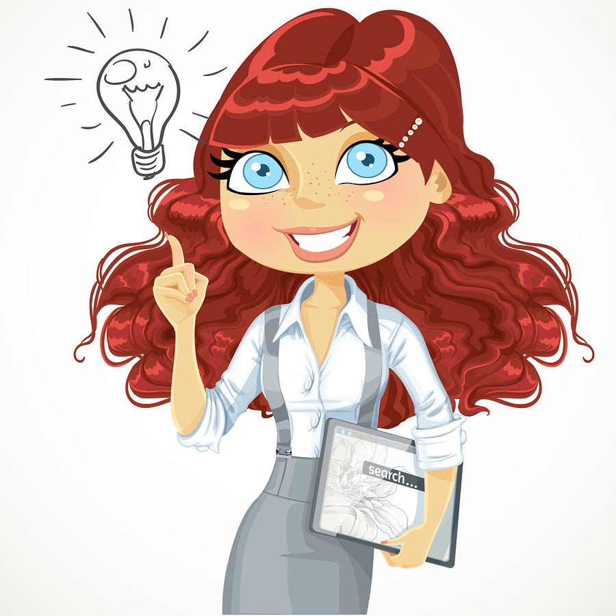 Cute brown curly hair girl with a electronic tablet idea inspira